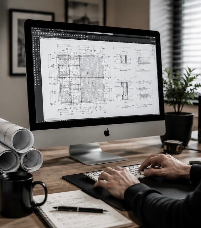 CAD drafting workspace with technical drawings